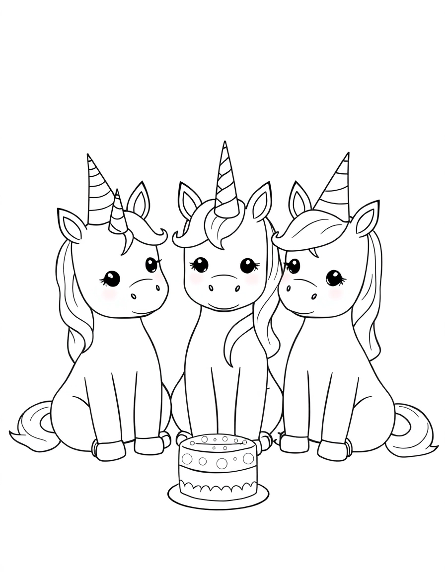 3 unicorns wearing birthday hats sitting together at a birthday party