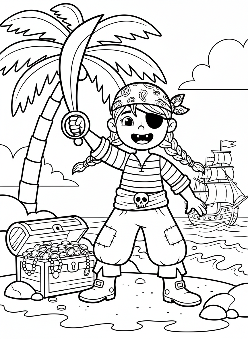 A cheerful young pirate girl with braided hair, eye patch, and bandana, holding a sword and smiling, simple design for young children