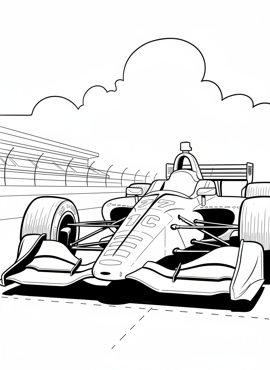 Close-up view of an Indy race car's front nose and large wheels, showing sponsor decals and aerodynamic details, clear outlines for easy coloring.