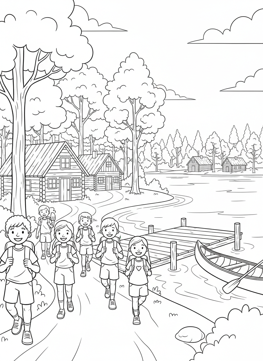 Summer Camp coloring page prompts capturing outdoor fun, friendships, cabins, and memorable childhood adventures.	A lakeside summer camp with wooden cabins tucked among trees, campers walking along paths with backpacks and wide smiles.