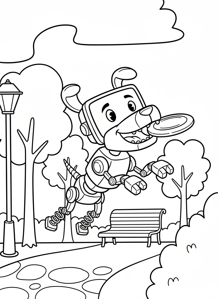 A robot dog with springs for legs catching a frisbee in a park, with a happy digital screen face showing excitement.