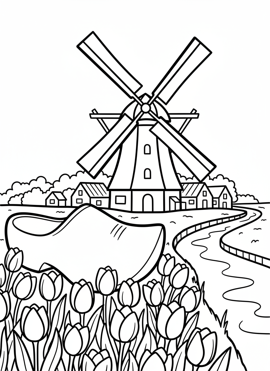 A Dutch countryside scene with a windmill, a wooden clog shoe in the foreground, and tulips blooming nearby.