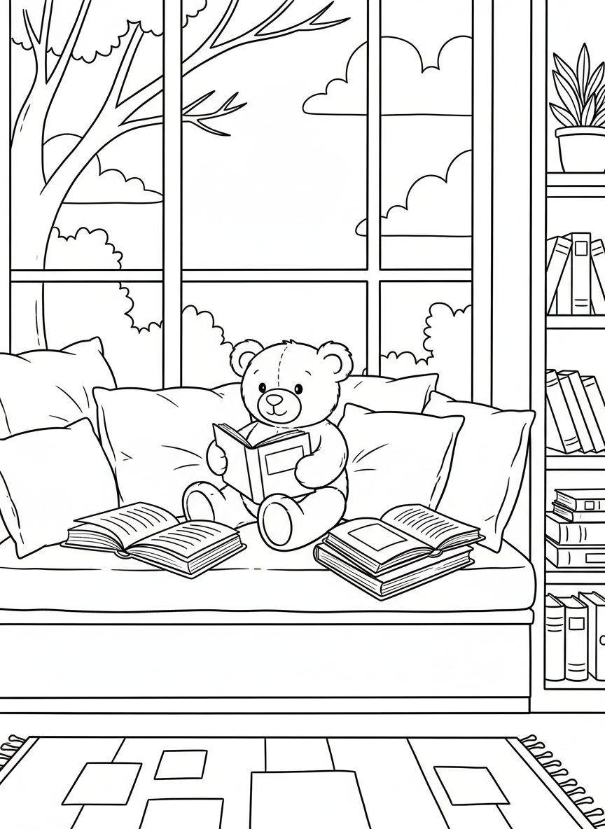 A cozy reading nook with a window seat, fluffy pillows, a stack of books, and a teddy bear sitting nearby with an open book.