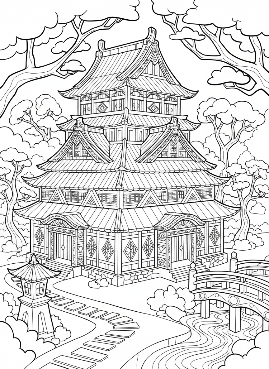 An elaborate origami palace with multiple layered roofs, decorative windows, and intricate paper-fold details, shown from a three-quarter view for older kids.