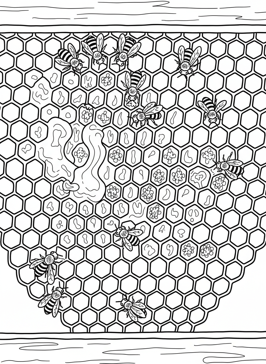 Inside view of a honeycomb showing bees working together, some storing honey and others tending to cells, detailed scene.