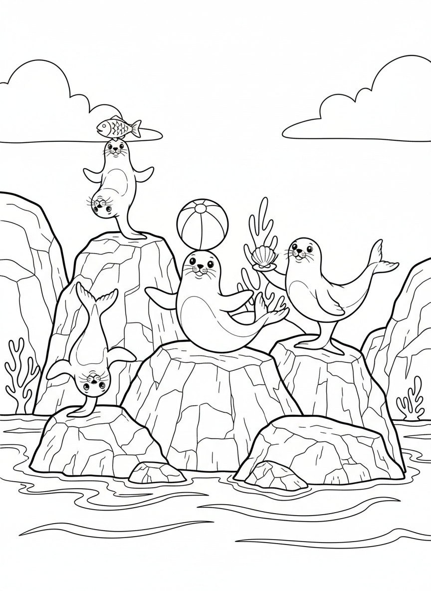 Coloring page featuring exactly 5 playful seals balancing on rocks above water, each in a different pose, clear and countable.