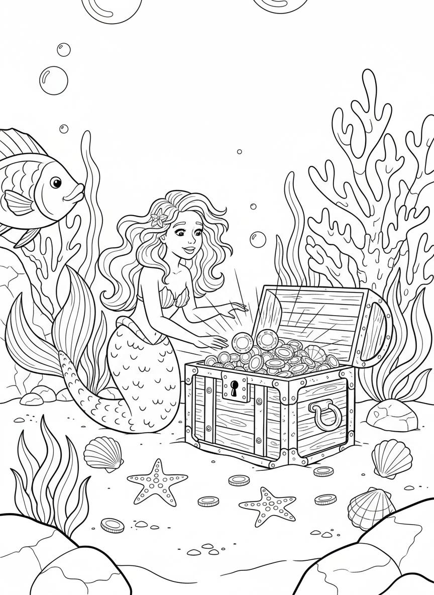 A mermaid discovering an open treasure chest glowing with jewels and gold coins, starfish and shells scattered around