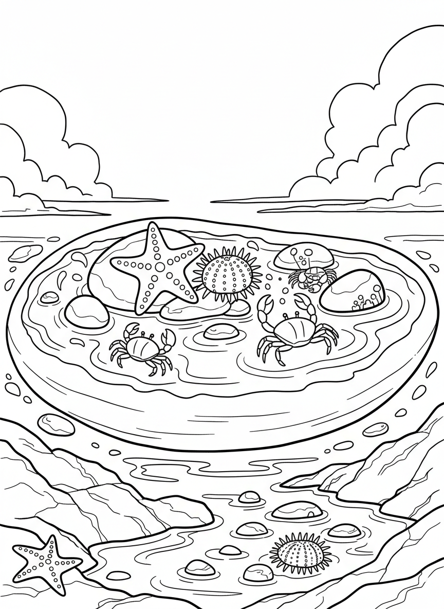 An oval stone featuring a tide pool scene from above showing starfish, urchins, and small crabs among the rocks and water