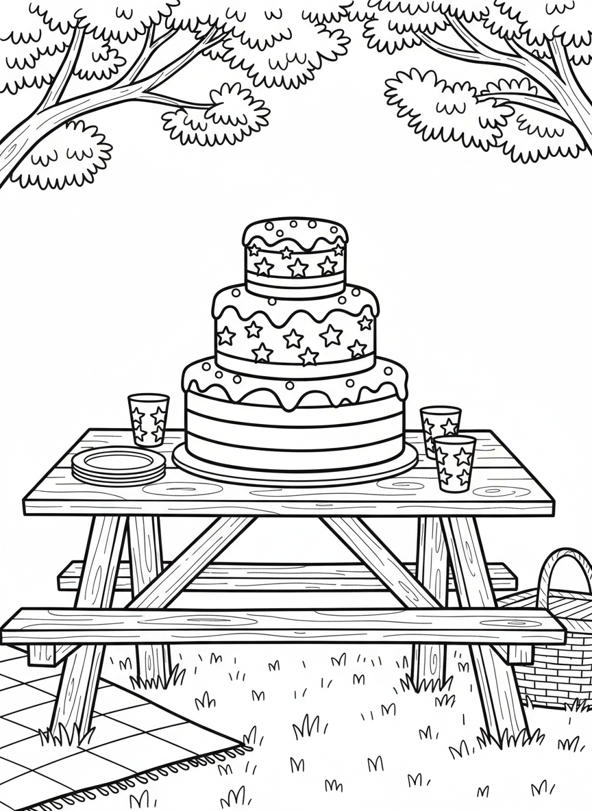A large birthday-style cake decorated with stars and stripes sitting on a picnic table with plates and cups around it.