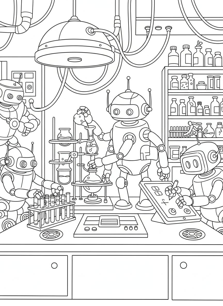 A science laboratory where small helper robots assist with experiments, sorting supplies and recording information.