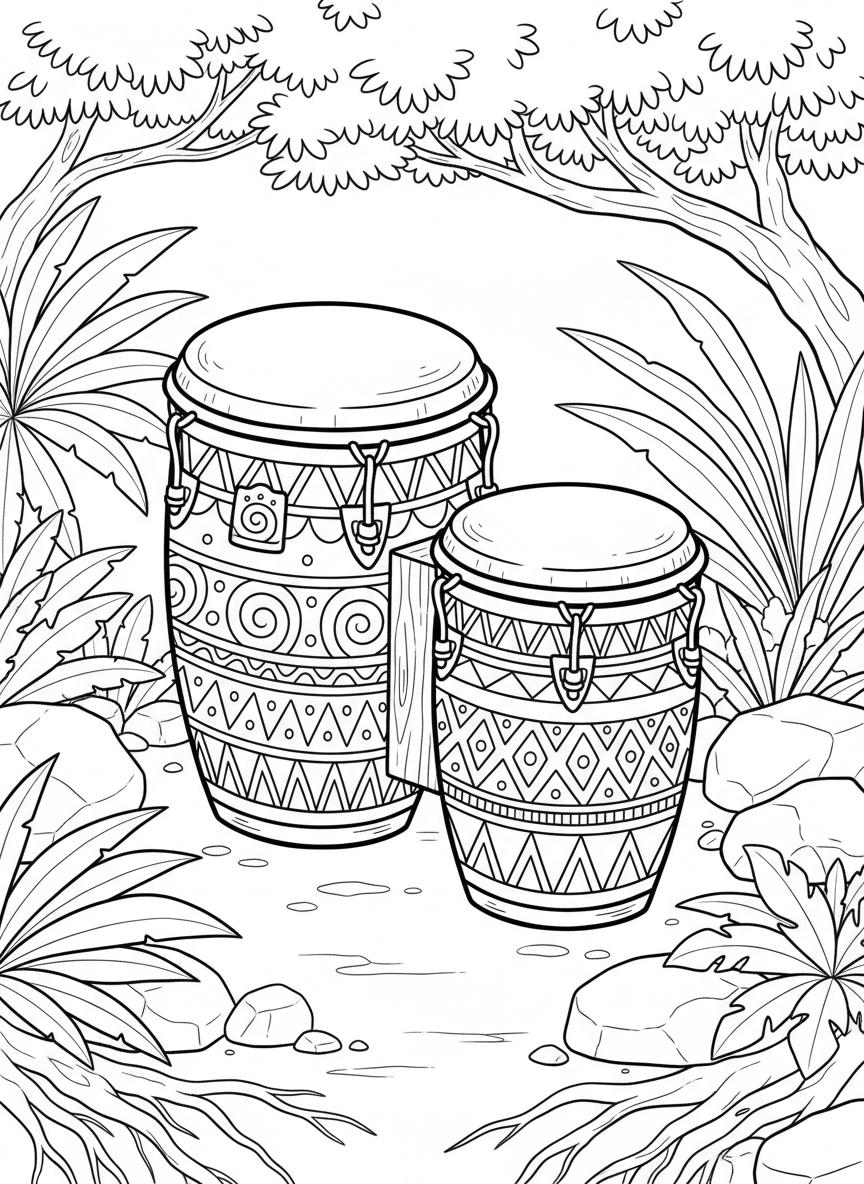 A set of bongo drums with decorative patterns on the sides, shown from a three-quarter view with clear outlines.