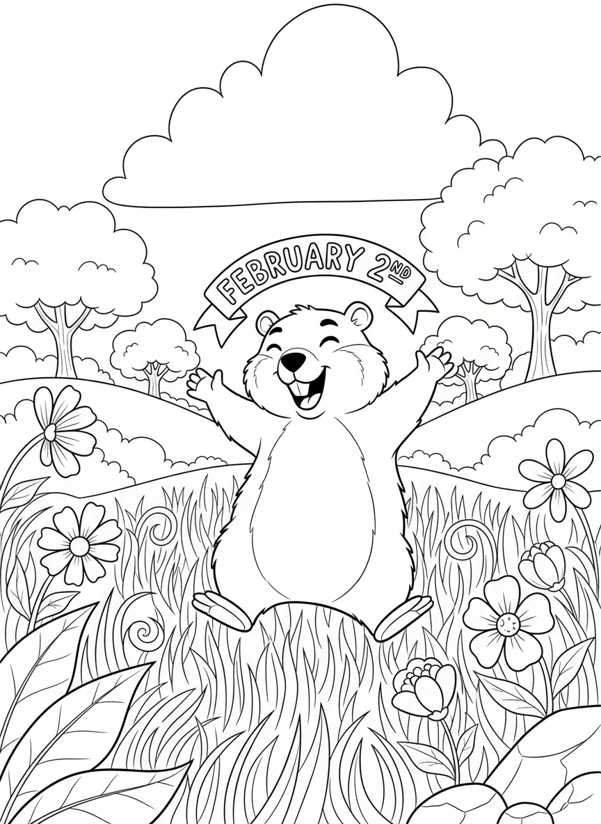 A groundhog doing a happy dance in a meadow with the date February 2nd on a banner above
