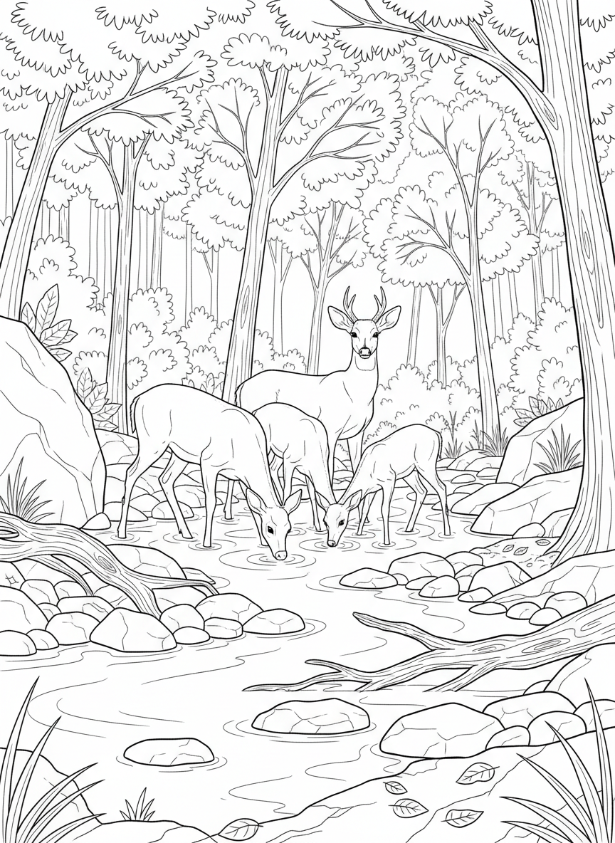 A family of deer drinking from a peaceful forest creek, with smooth stones and overhanging branches.