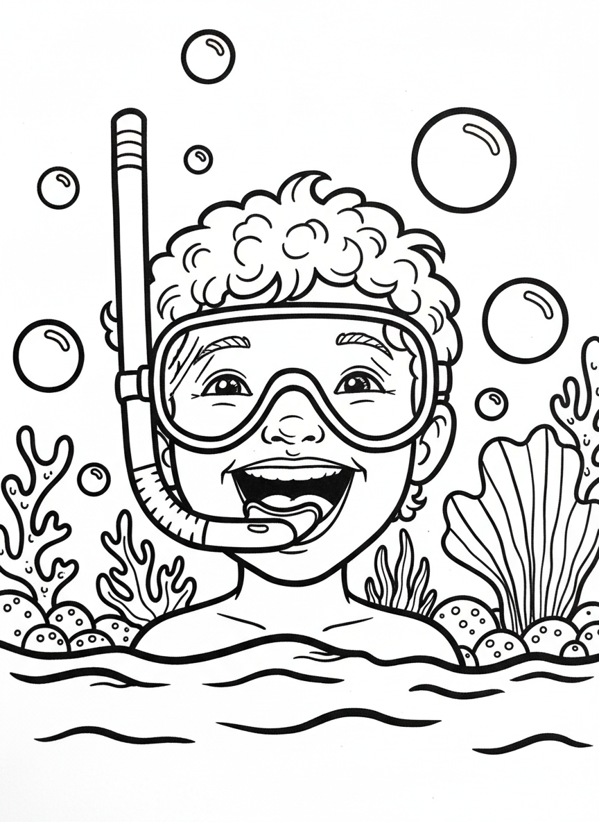 Close-up of a happy child's face wearing oversized snorkel goggles and a snorkel tube, with bubbles floating around