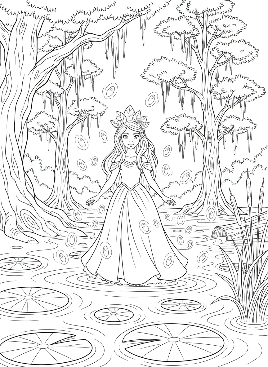 A girl in a green dress with a tiara made of leaves, surrounded by fireflies in a magical bayou with lily pads