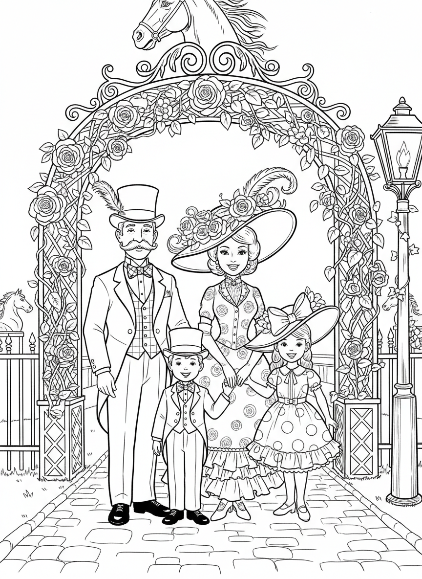 A family dressed in their Derby best - fancy hats, bow ties, and spring outfits - posing together at the racetrack entrance.