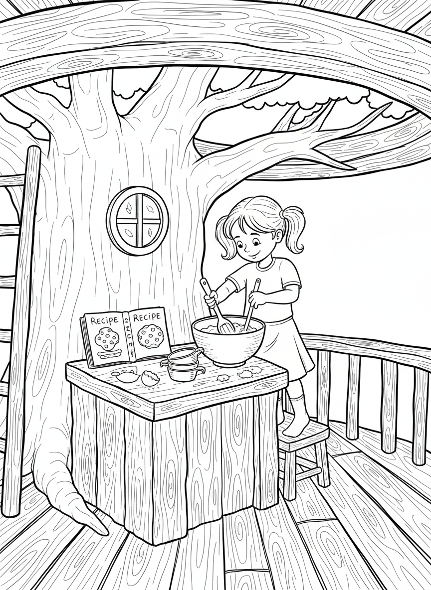 A young girl mixing cookie dough in a bowl at a treehouse kitchen counter, with recipe books and measuring cups nearby.