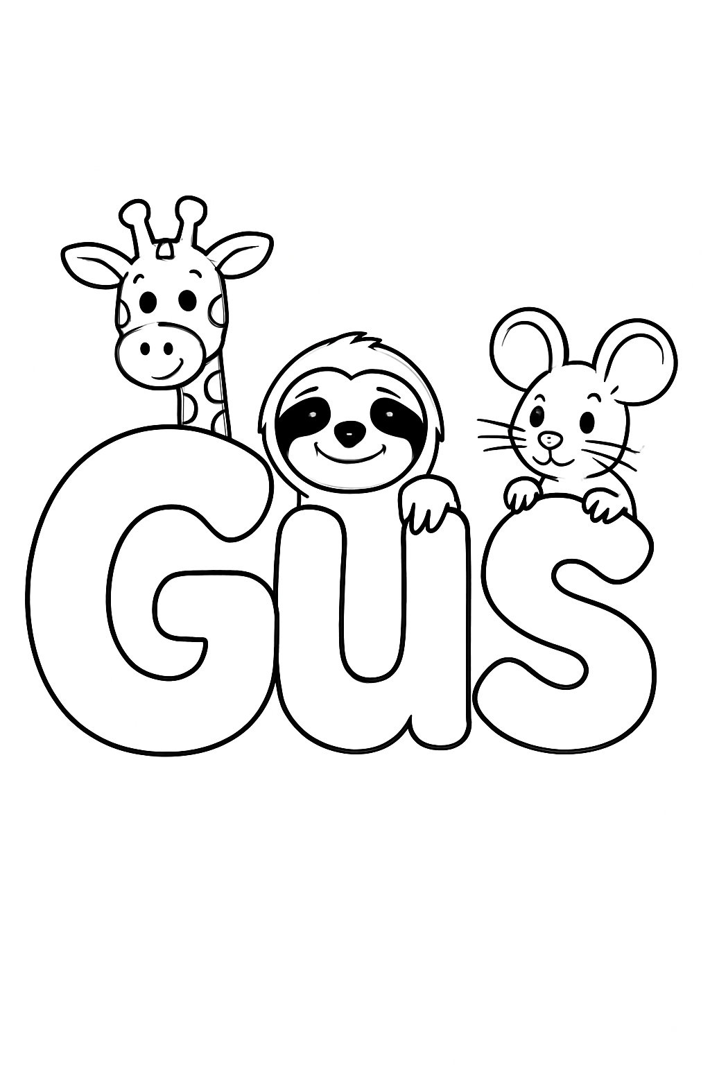 The name “Gus” in bubble letters with cartoon animals peeking out of each letter. make the name all on one line, capitalize only the first letter