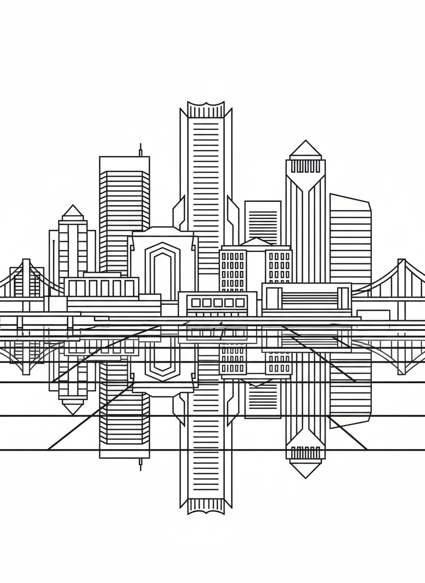 The Jacksonville skyline with tall buildings reflected in the river, simple geometric shapes perfect for coloring