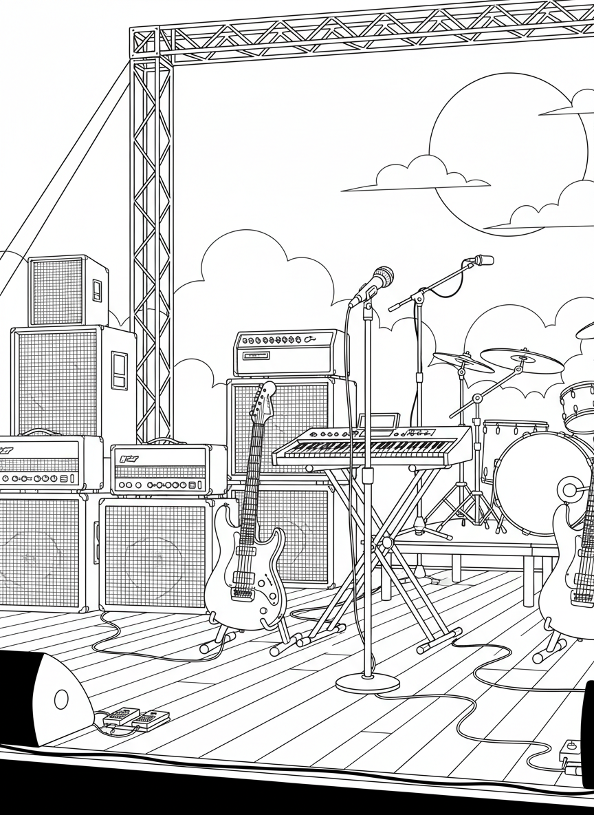 A rock band stage setup with electric guitar, keyboard, microphone on stand, and amplifiers, wide scene with lots of detail.