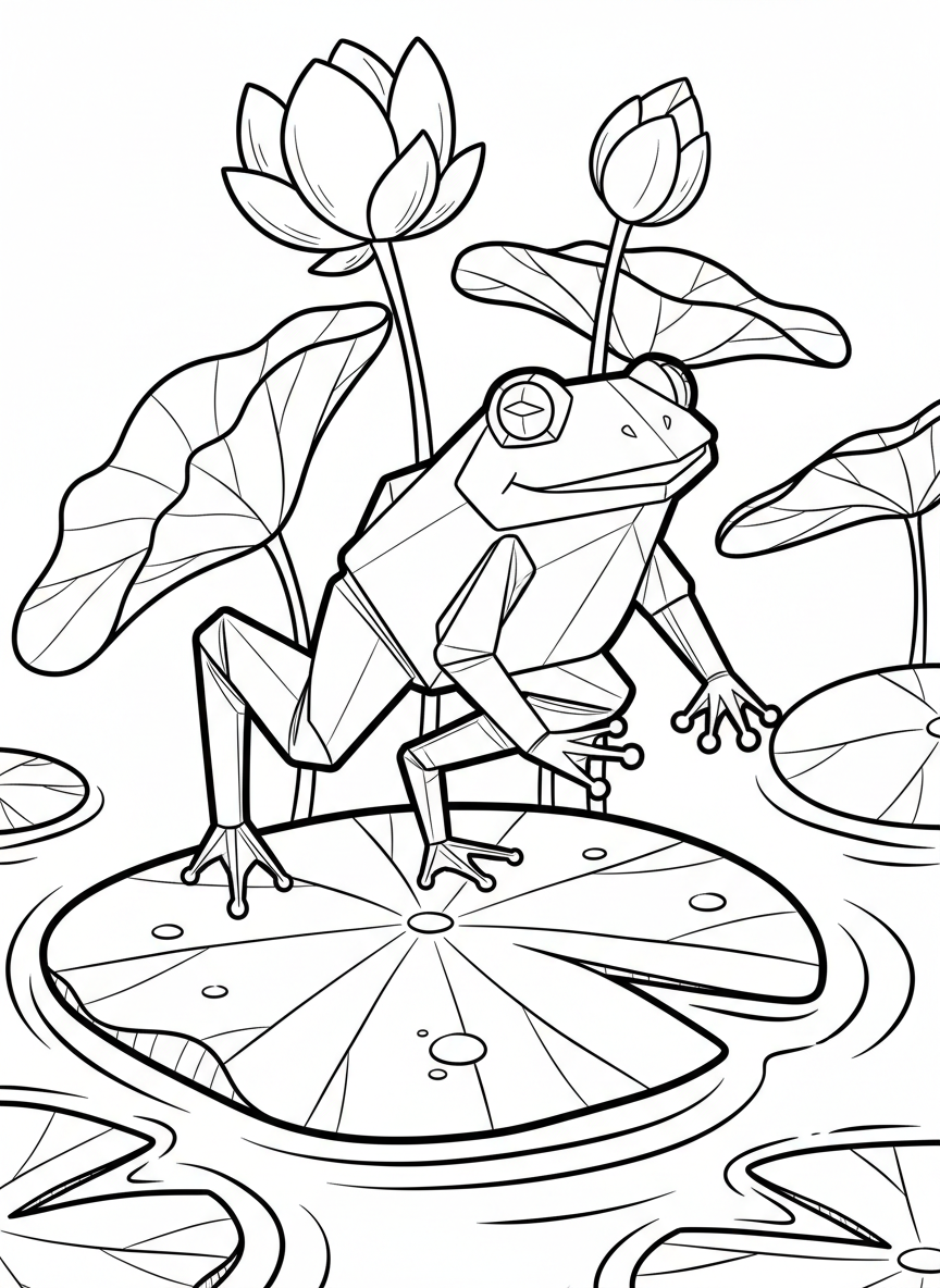 A cheerful origami jumping frog sitting on a lily pad, with detailed fold lines showing how the paper creates the frog's body and legs.