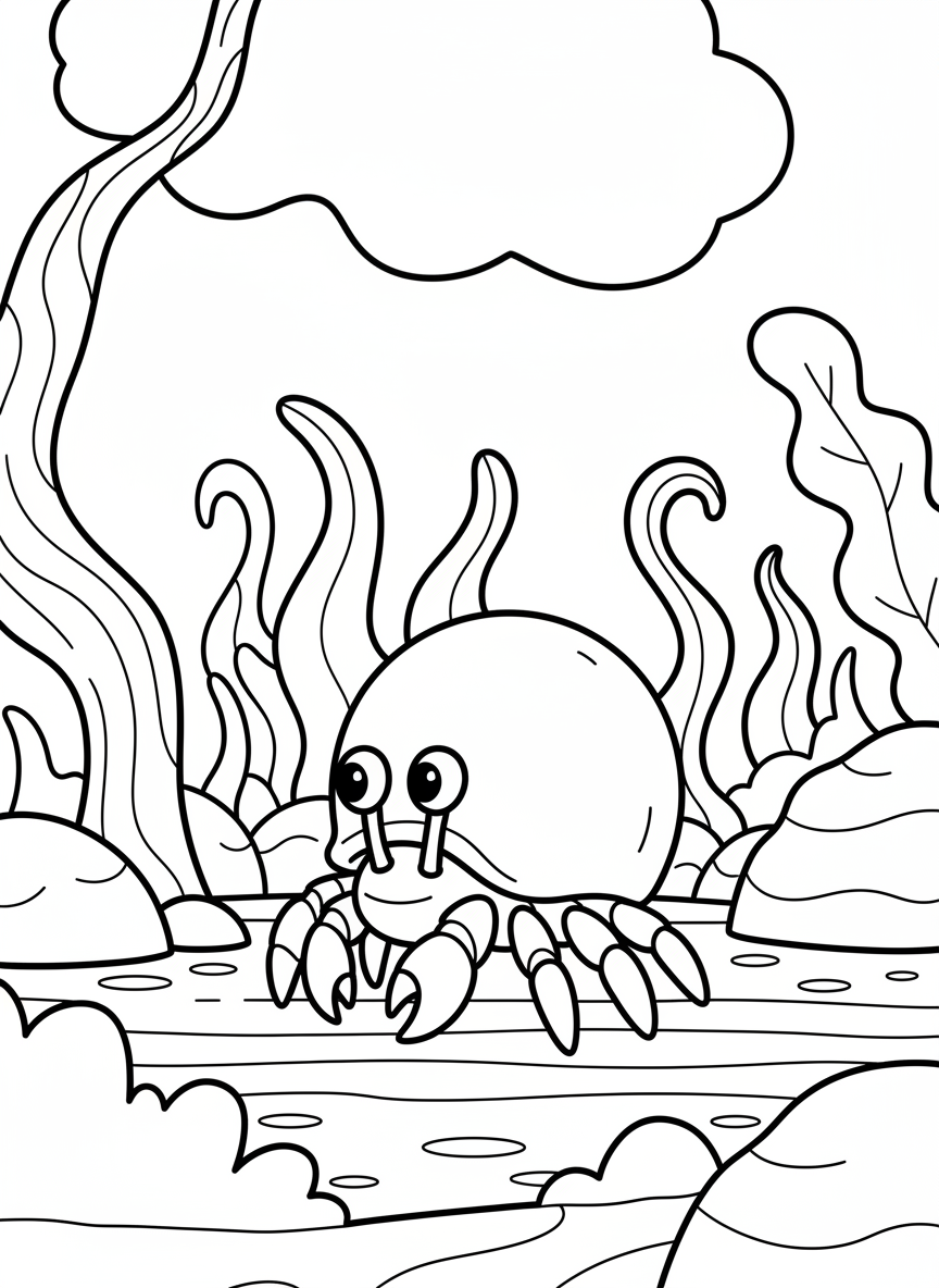 Simple hermit crab with a smooth round shell walking across a flat surface, perfect for younger children.