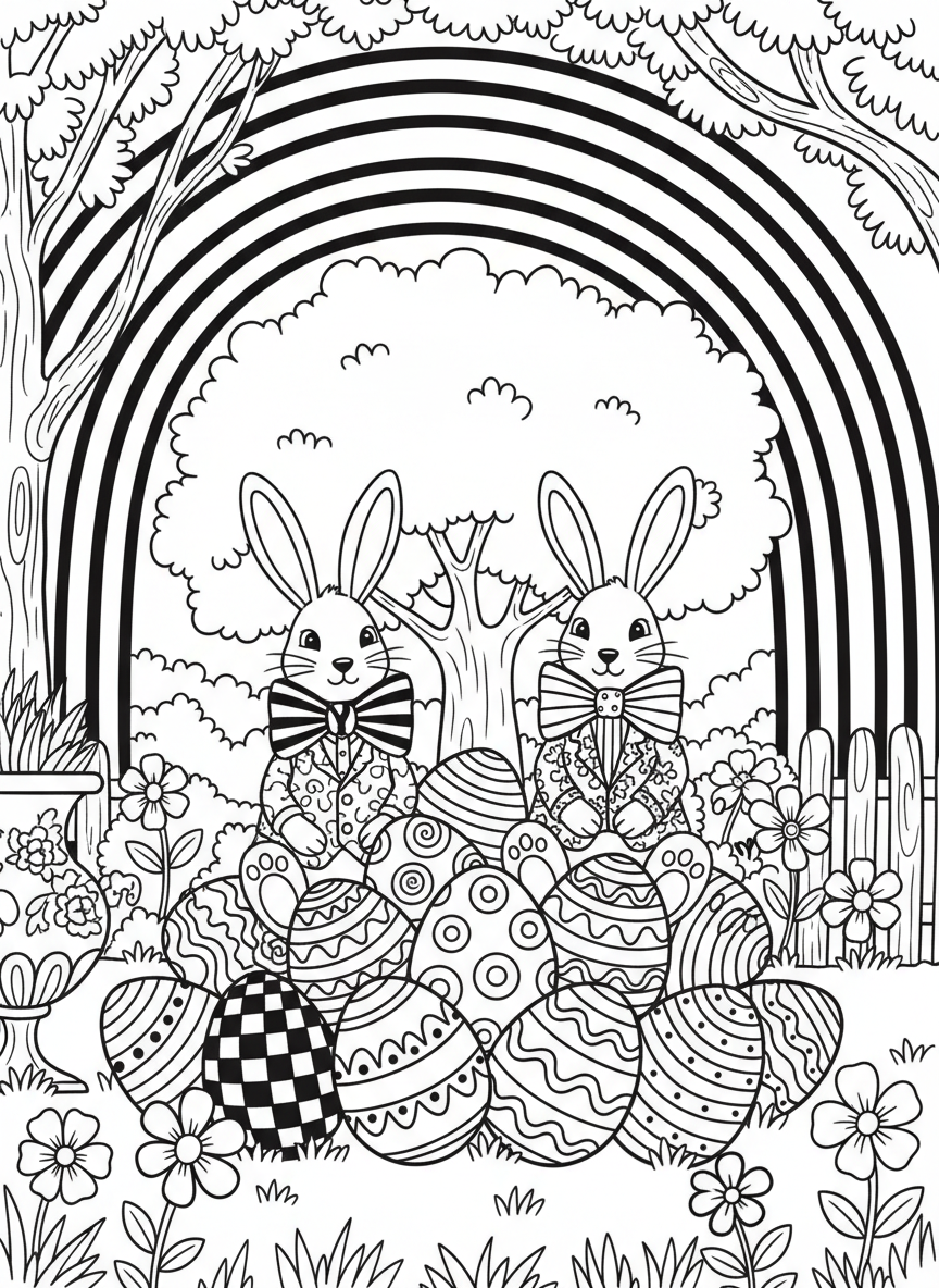 Two bunnies wearing bow ties sitting beside a pile of decorated Easter eggs under a rainbow.