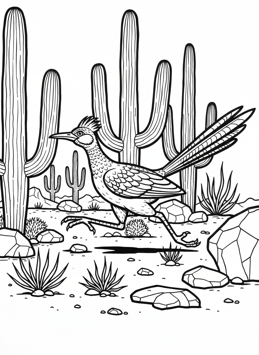 A roadrunner bird running past a cluster of saguaro cacti with desert rocks and small bushes scattered around