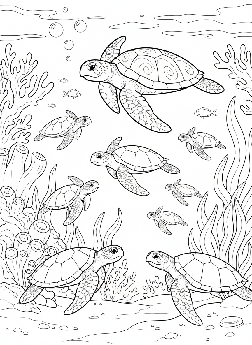 Ocean scene coloring page with exactly 7 sea turtles of varying sizes swimming together, some facing left and some right, easy to identify and count.
