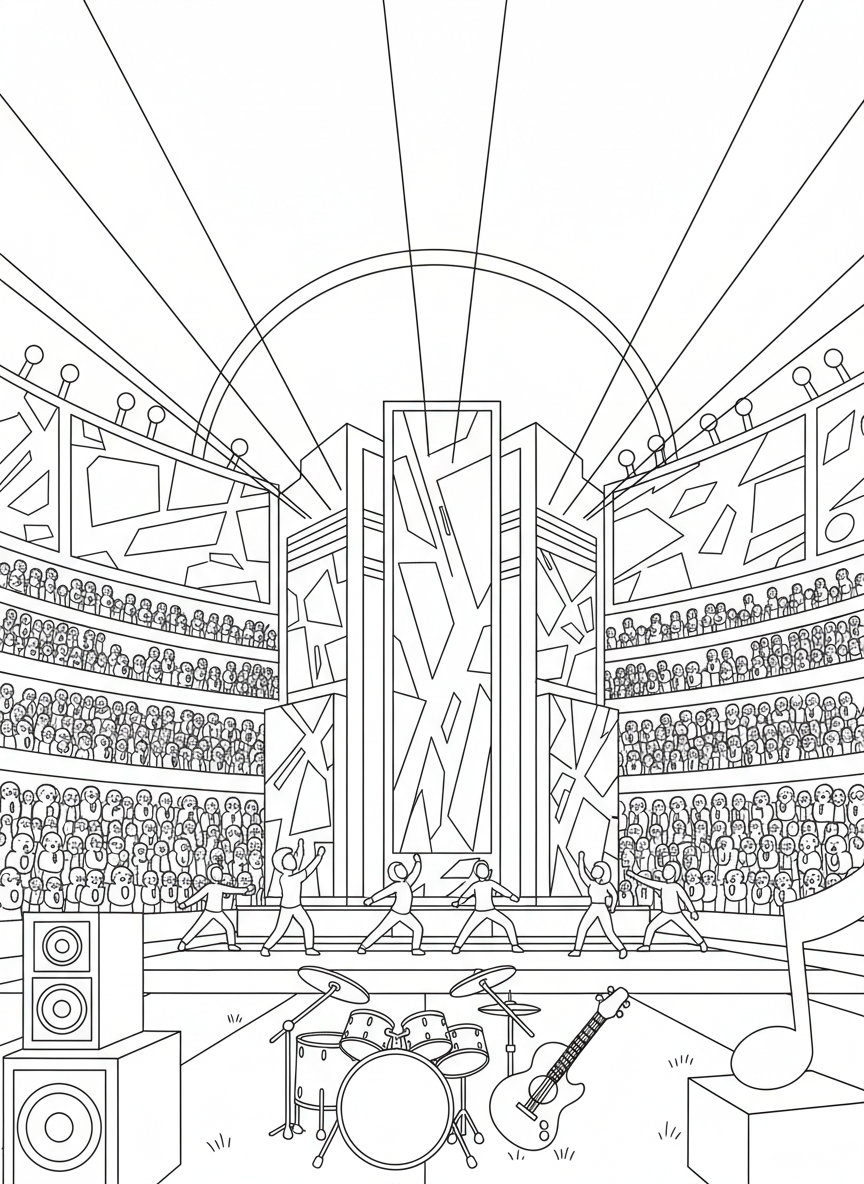 A spectacular halftime show unfolding at center field with towering stage pieces, sweeping spotlights, and performers silhouetted against enormous screens while the crowd watches from every level in awe.