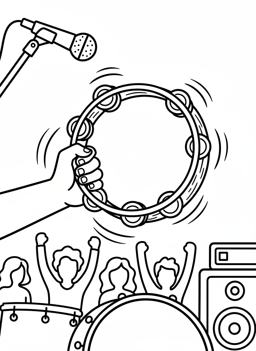 A single tambourine with jingles around the edge, shown at an angle with motion lines suggesting it's being shaken.