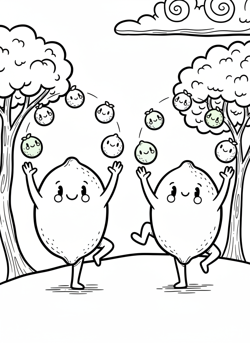 A lemon and lime juggling act, citrus fruits with faces tossing smaller fruits in the air