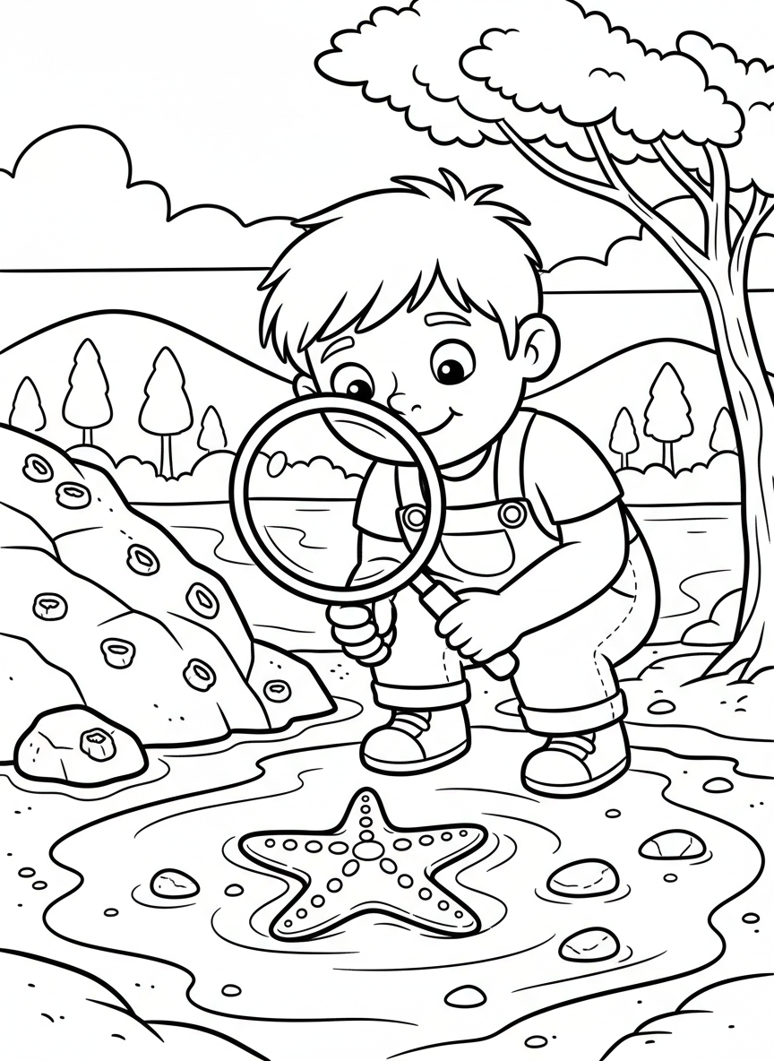 A young explorer holding a large magnifying glass examining a starfish in a tide pool, clear outlines and friendly expression