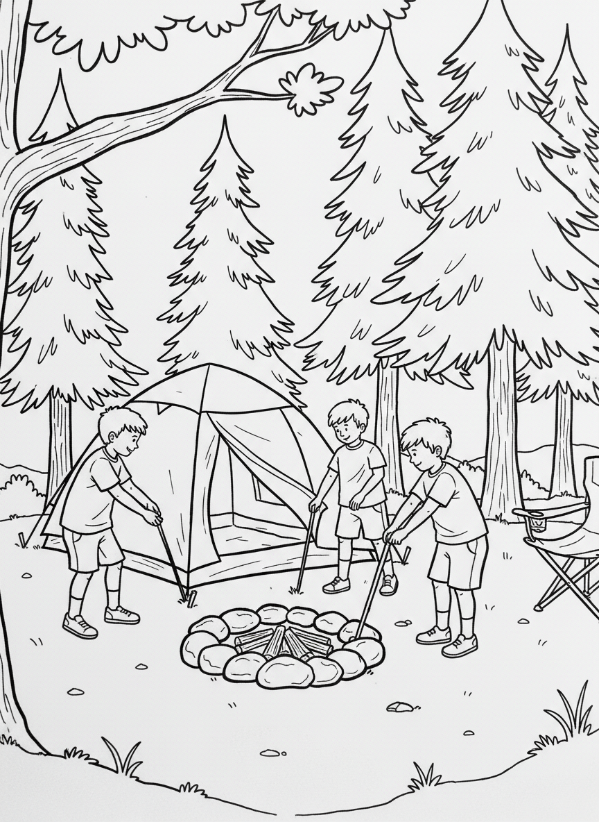 Children setting up a tent at a campsite with trees in the background and a campfire circle made of stones nearby.