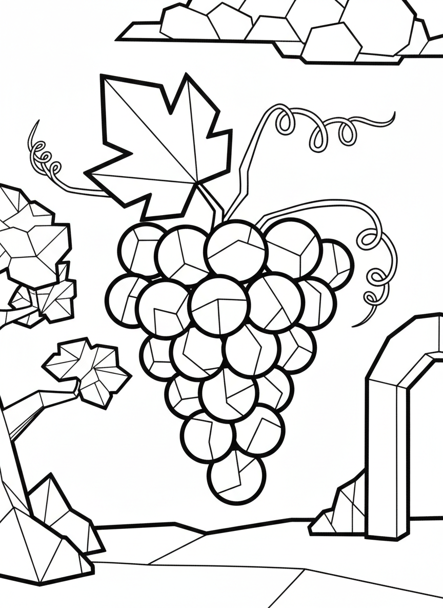 An origami-style bunch of grapes made from geometric circular shapes clustered together with angular vine leaves and curly tendril lines.