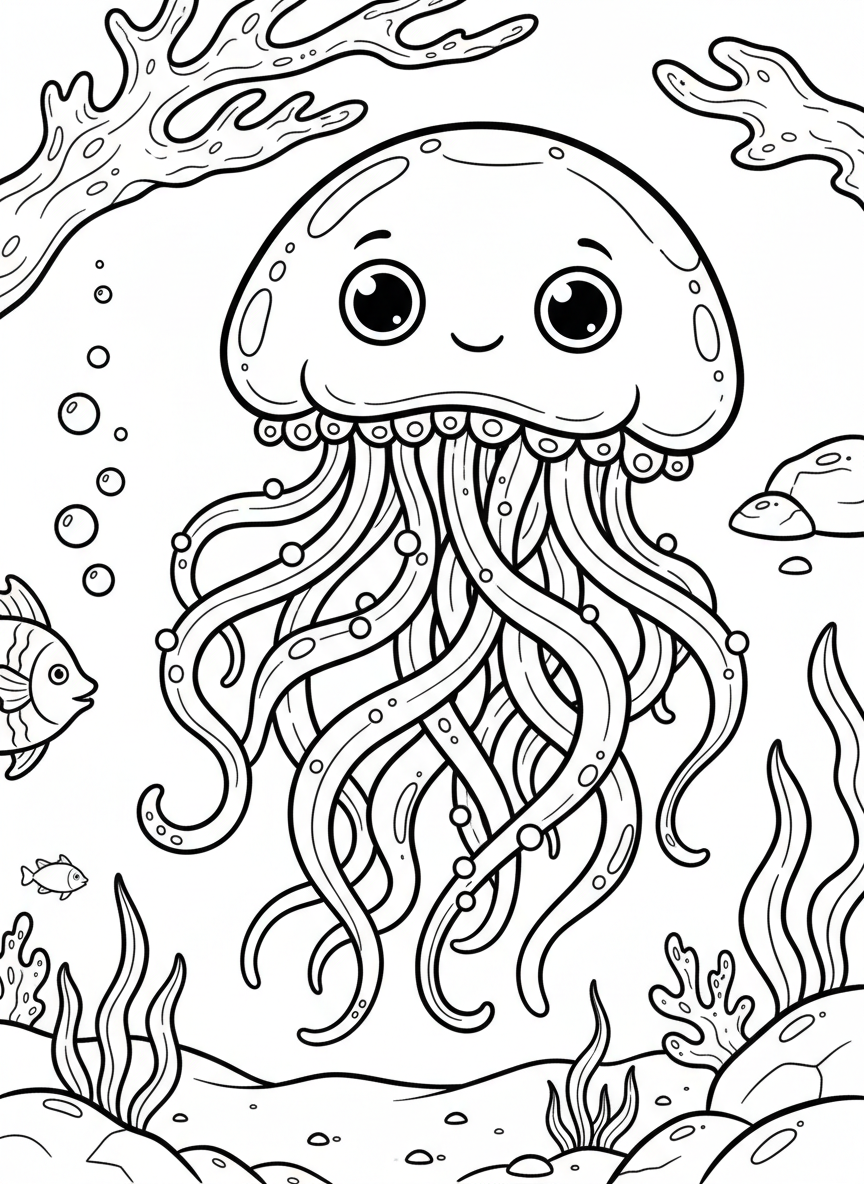 A friendly jellyfish with a dome-shaped bell and long flowing tentacles, floating peacefully in the ocean with small glowing dots along its body.