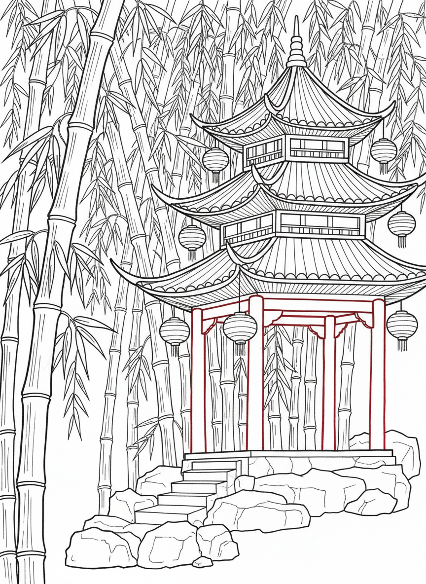 A Chinese pagoda-style treehouse with multiple tiered roofs, red pillars, and paper lanterns, built among bamboo stalks and willow branches.
