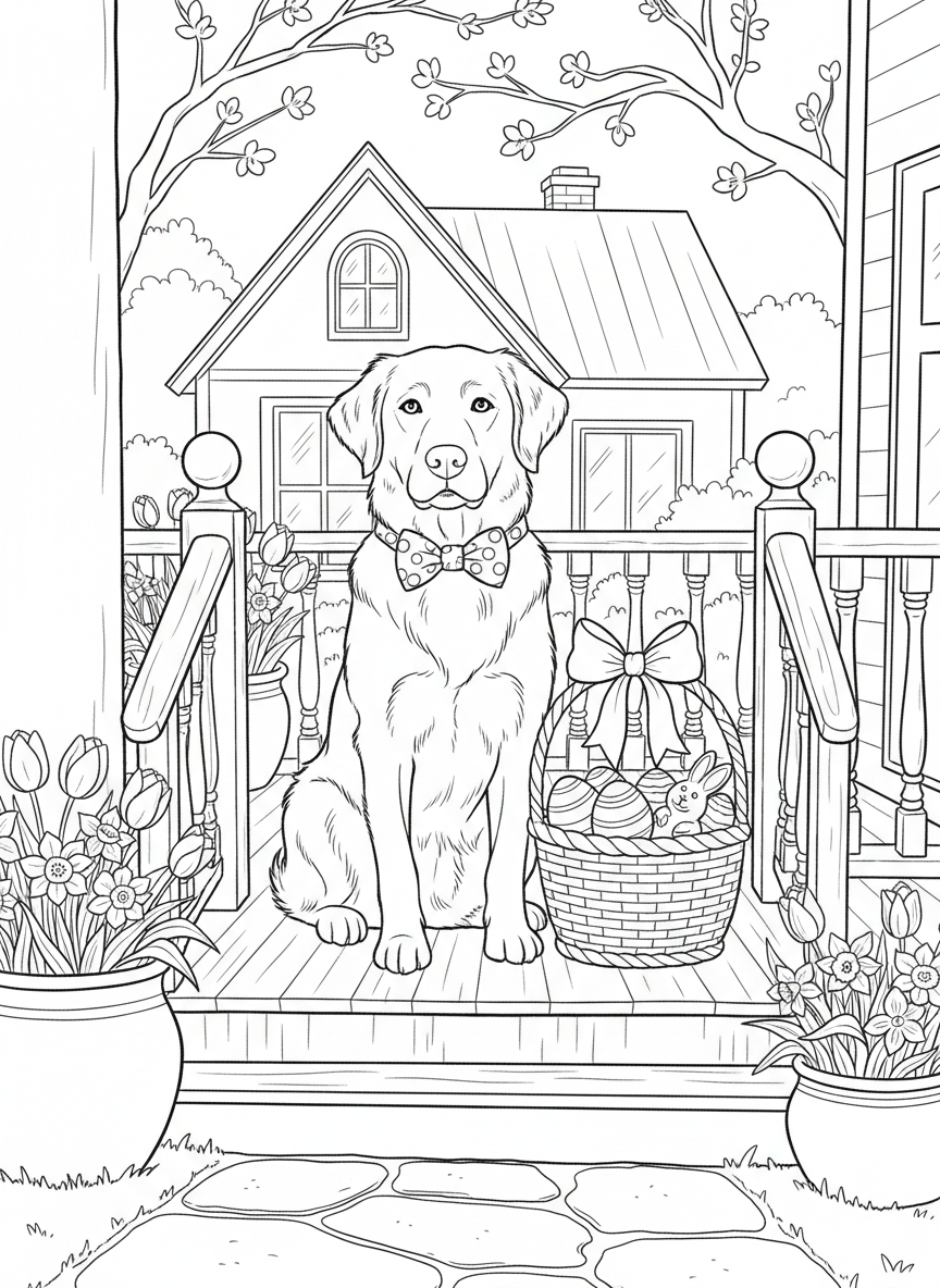 A family pet dog wearing a festive bow tie sitting next to an Easter basket on the front porch, with spring flowers in planters nearby.