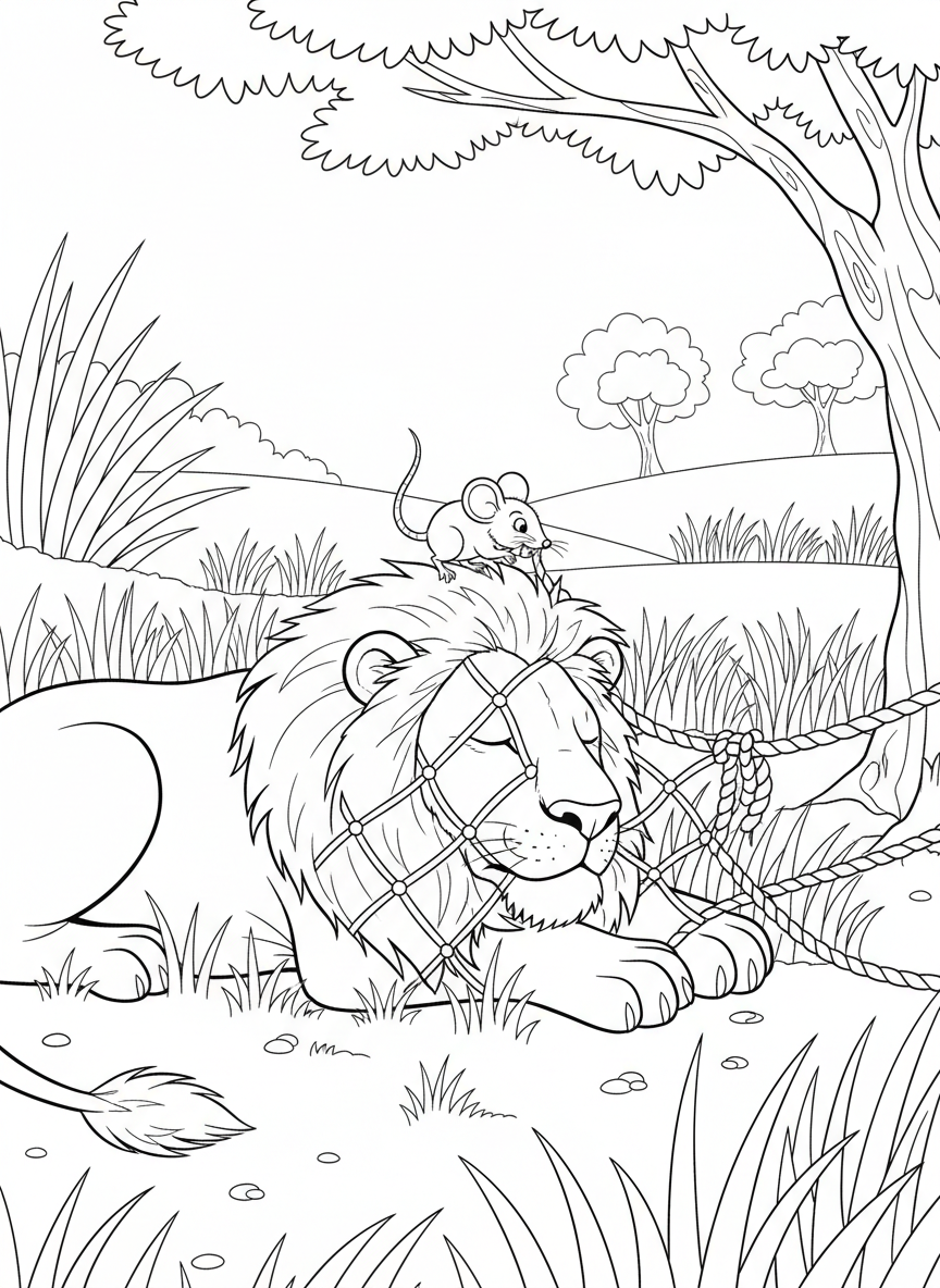 The lion and the mouse together in the grasslands, with the tiny mouse helping the large lion, fable coloring sheet