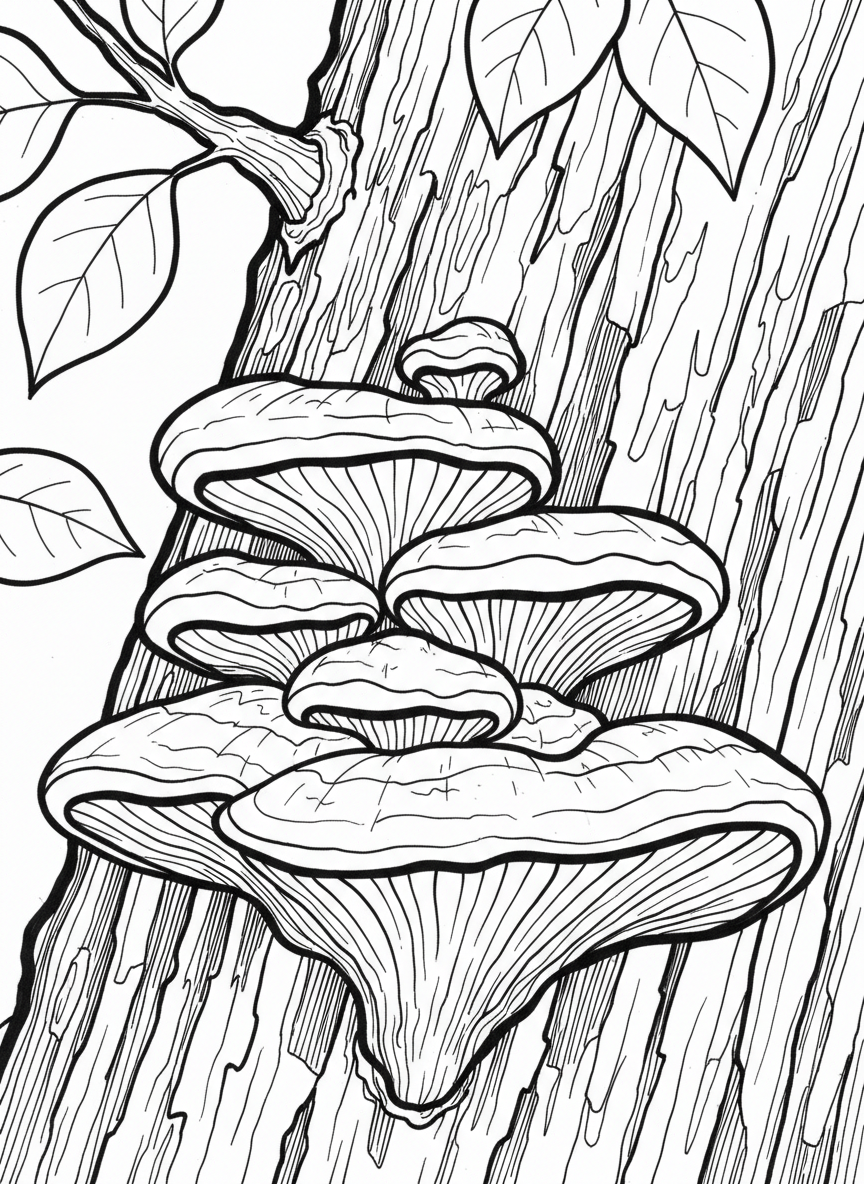 A close-up view of a shelf fungus growing on the side of a tree trunk, showing layered bracket shapes.