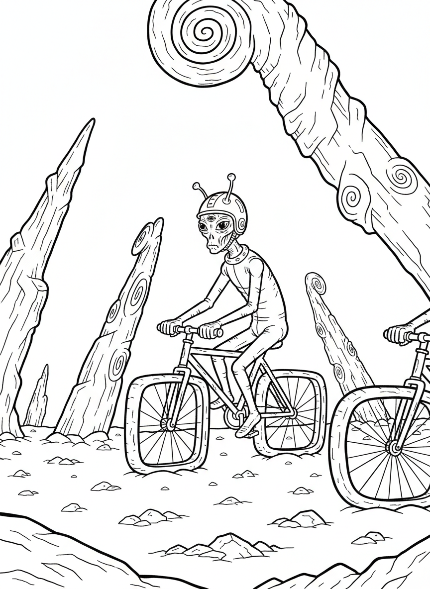 An alien riding a bicycle with square wheels on a bumpy alien terrain with strange rock formations in the background
