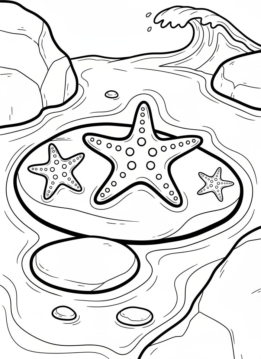 Simple scene of three different sized starfish arranged on flat rocks with gentle water ripples around them, easy for young kids