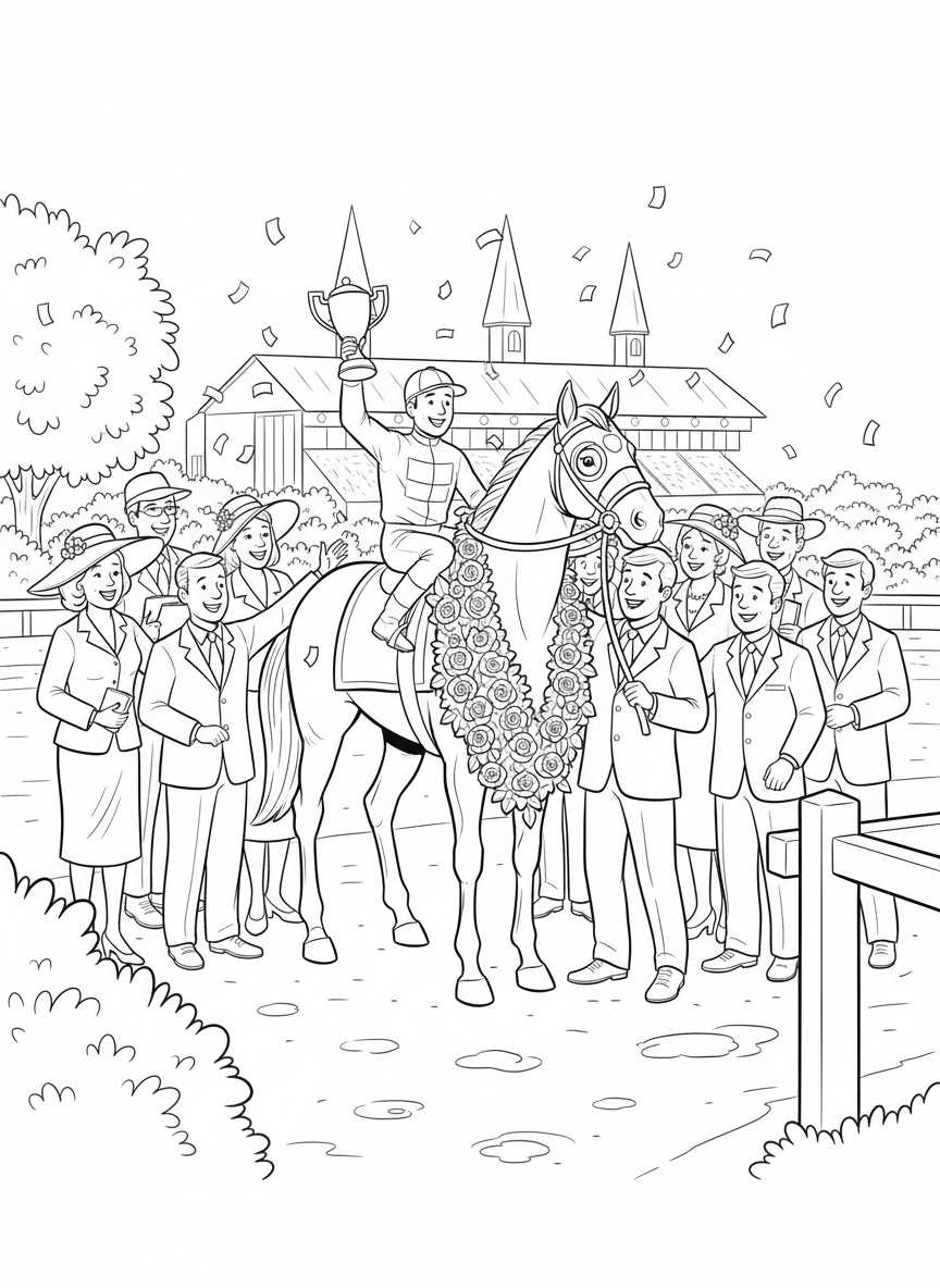 Kentucky Derby coloring page prompts capturing elegance, horse racing tradition, spring fashion, and historic pageantry.	The winner’s circle celebration with garlands draped over the victorious horse as connections gather smiling proudly.