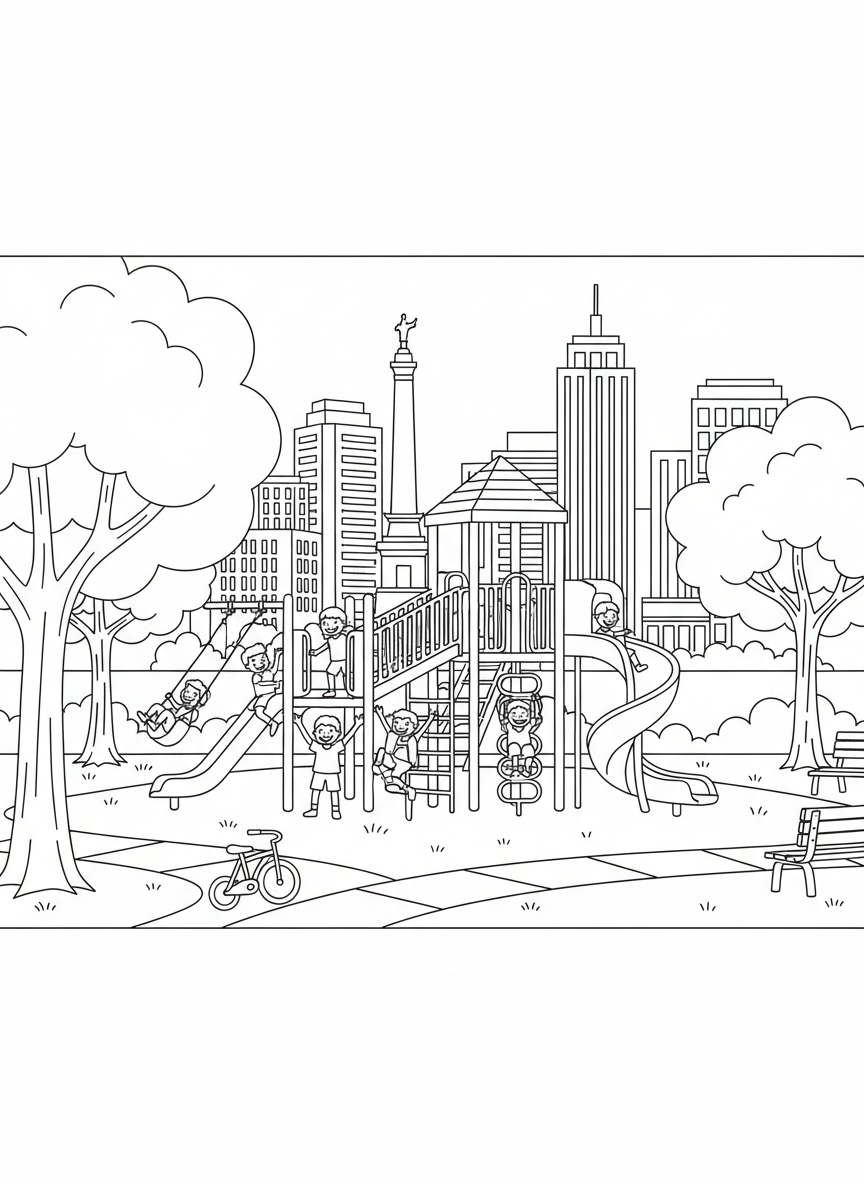 A cheerful scene of children playing at an Indianapolis park with playground equipment, trees, and the city in the background.
