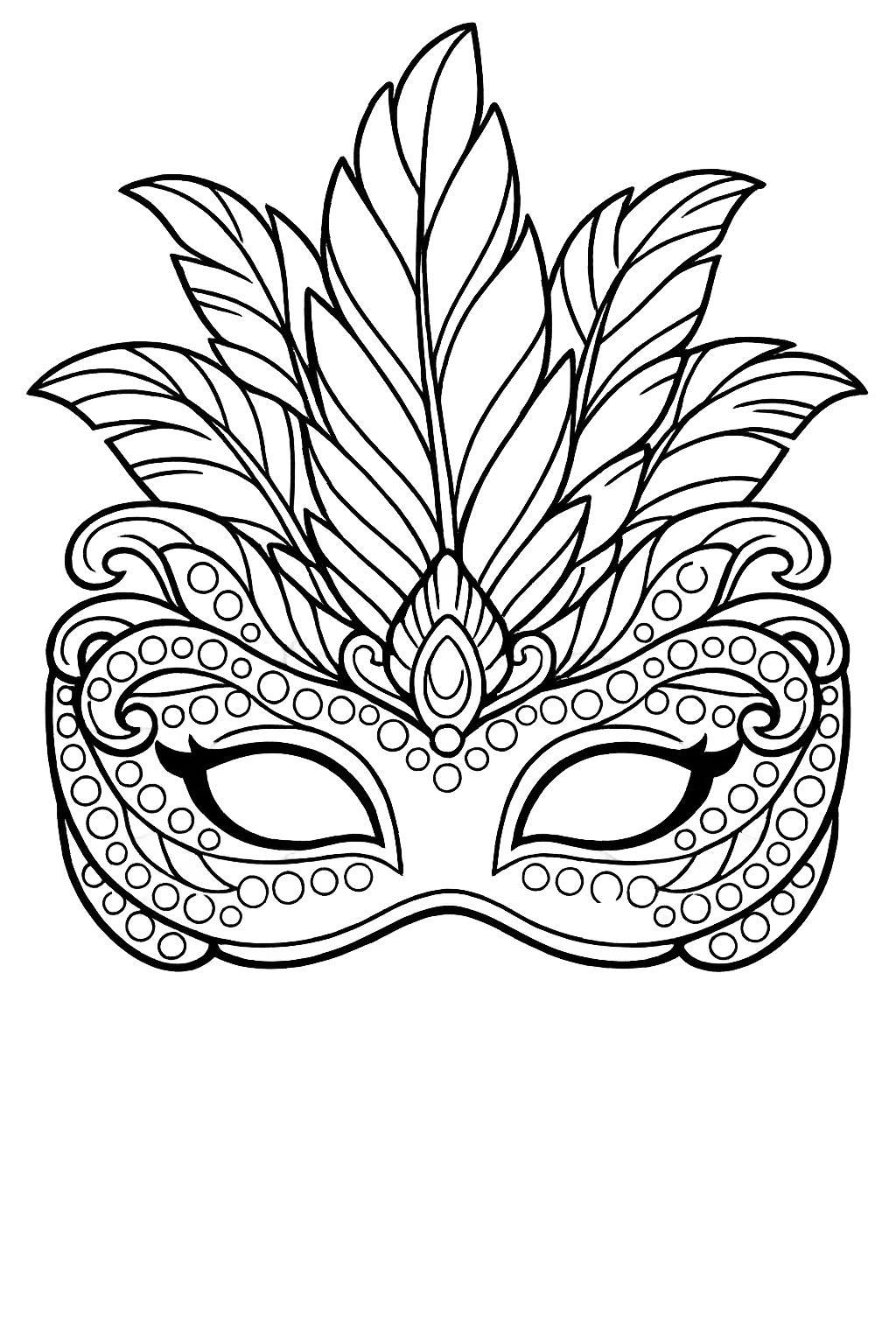 The Carnival Mask: A close-up of an elaborate, fancy masquerade mask decorated with lots of sequins, big swirls, and tall feathers, ready for bright colors.