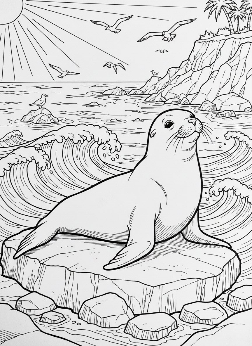 A friendly sea lion basking on a sunny rock at La Jolla Cove, with waves and seagulls in the background, simple line art for coloring