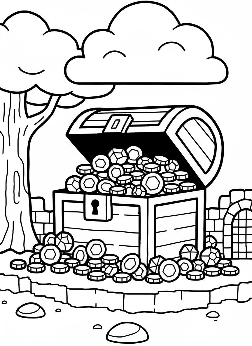 A cute pixel art treasure chest overflowing with coins and gems, open lid showing the loot inside, simple geometric shapes.