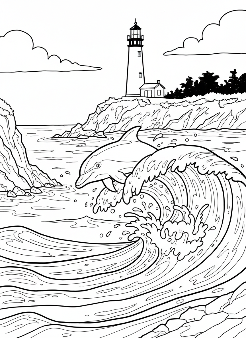 A playful dolphin jumping through ocean waves near the San Diego coastline with a lighthouse in the background