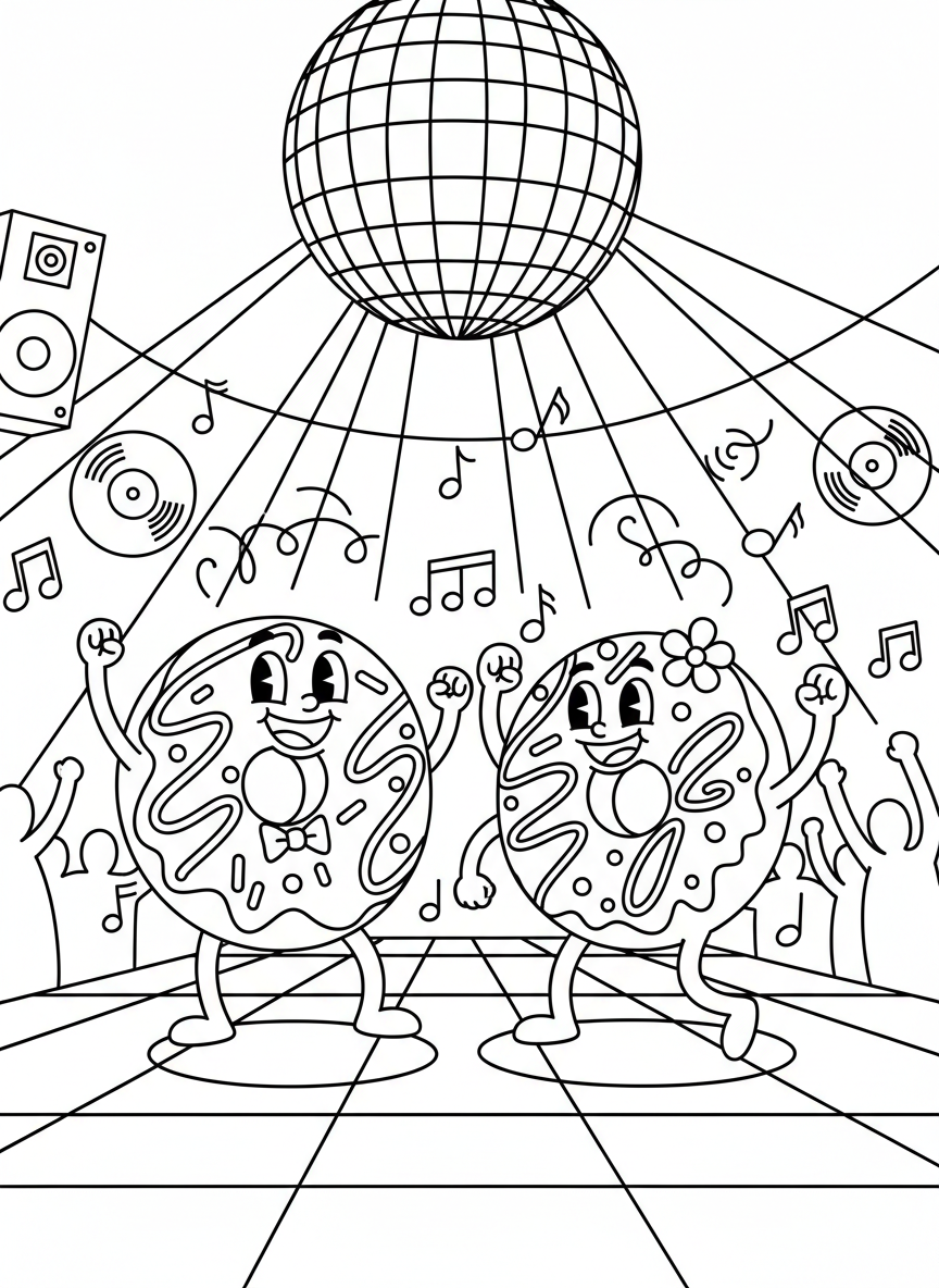 Two donuts dancing together at a disco with a disco ball above them, musical notes floating around, joyful expressions