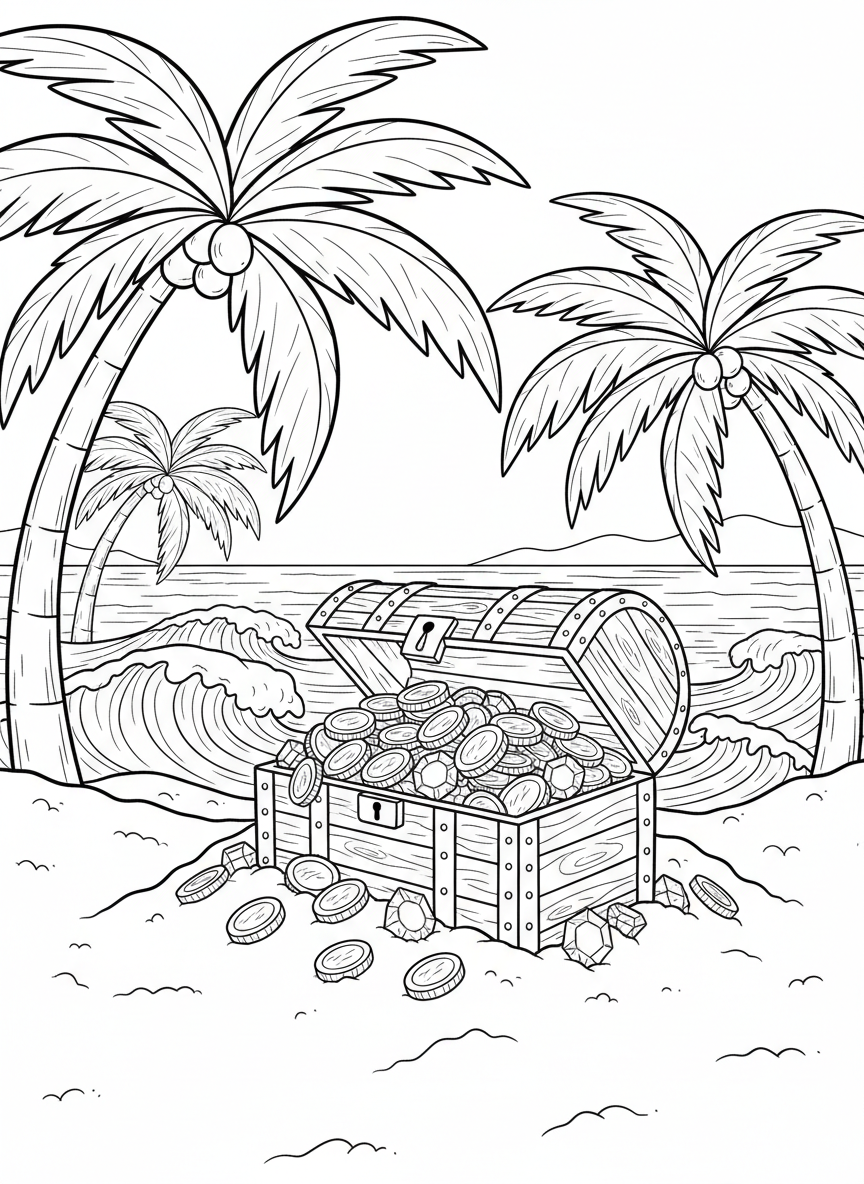 A treasure chest half-buried in beach sand, overflowing with gold coins and jewels, palm trees and ocean in the background.